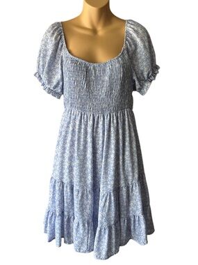 Altar'd State Powder Blue Floral Smocked Midi Dress